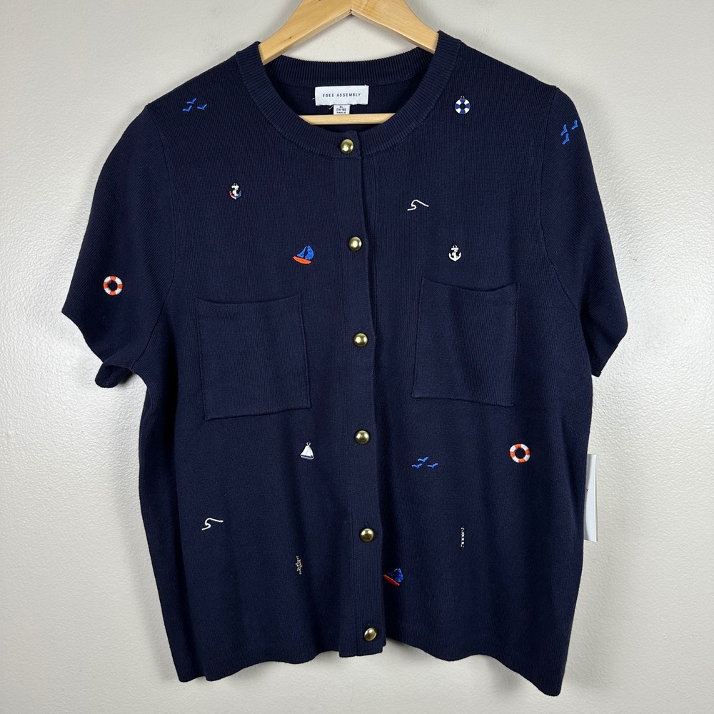 Free Assembly Women's XL Cardigan Darkest Navy Nautical Embroidered Short Sleeve